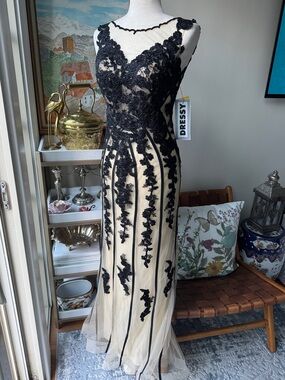 Dave & Johnny whimsigoth Black Lace Appliqué on Nude Illusion Tulle prom dress